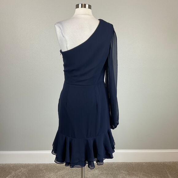 Betsy & Adam Blue Chiffon One Shoulder Mini Fit and Flare Size 10 Long Sleeve - Picture 6 of 14